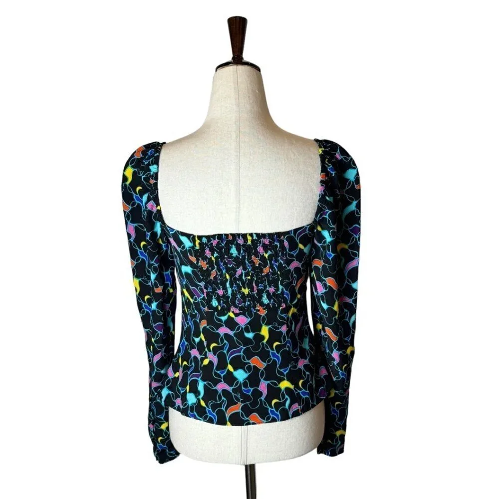 Staud‎ Josephine Top Women 6 Black Abstract Print Long Sleeve Sweetheart Neck
